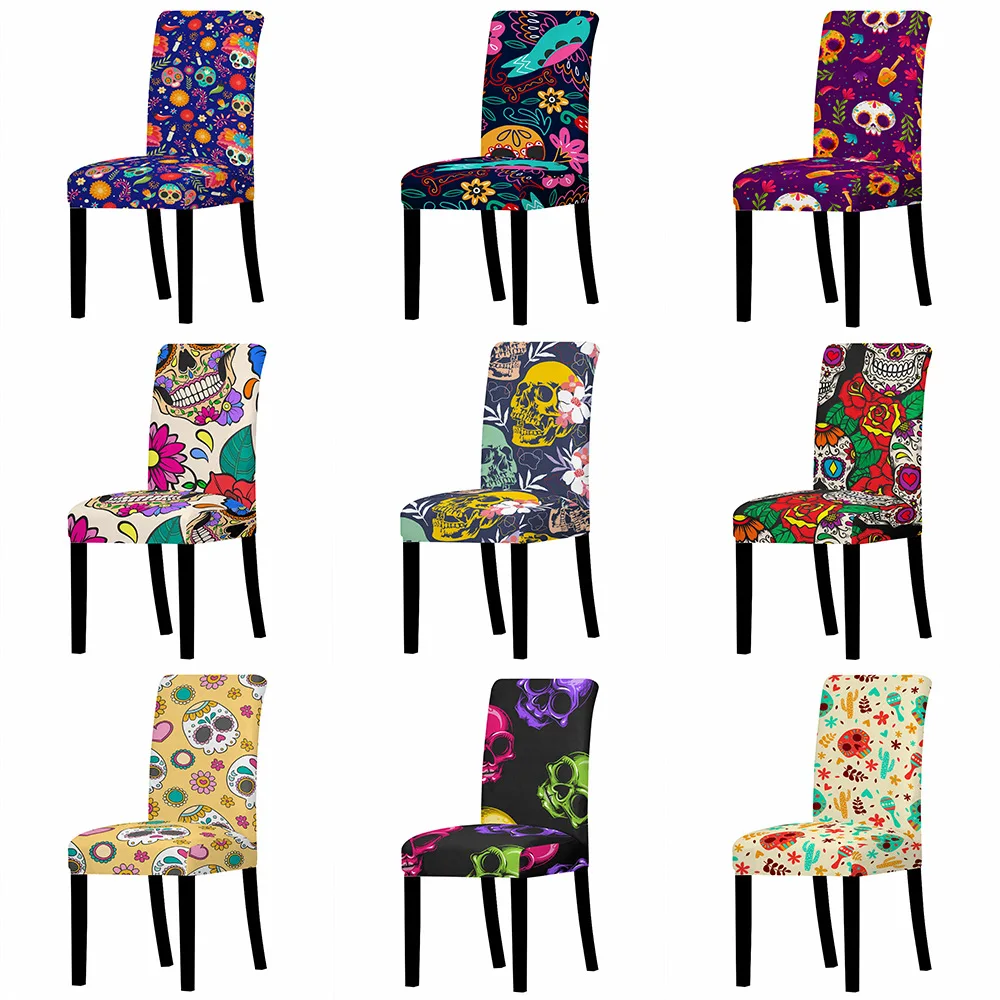 

Cartoon Skull Print High Back Stretch Spandex Seat Covers Anti-fouling All-inclusive Dining Chair Cover Furniture Protector Case