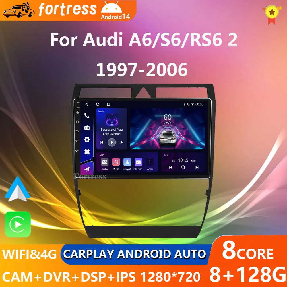 2 Din Android 14 Автомобильный радиоприемник Carplay Auto для Audi A6 C5 1997-2004 S6 1999-2006 RS6 1 2002-2006