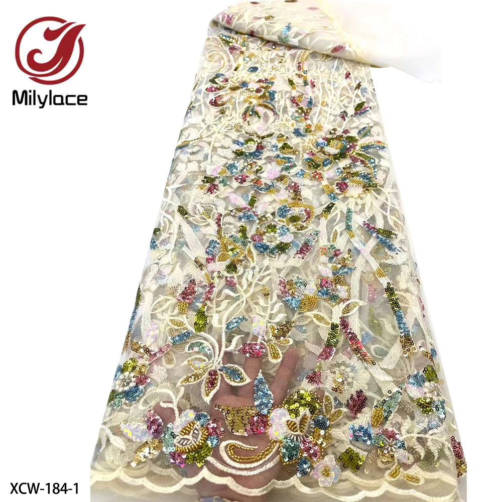 

Hot Sale African Lace Frabric High Quality French Tulle Lace Sequins Embroidered Lace Fabric for Wedding Dress XCW-184