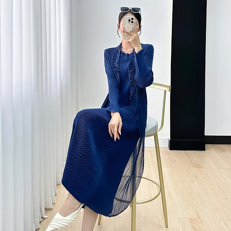 

Miyake Original Dress Female 2023 Fall New High-end Pleated False Two Temperament Age Reduction Thin Mid-length Skirt Clothing