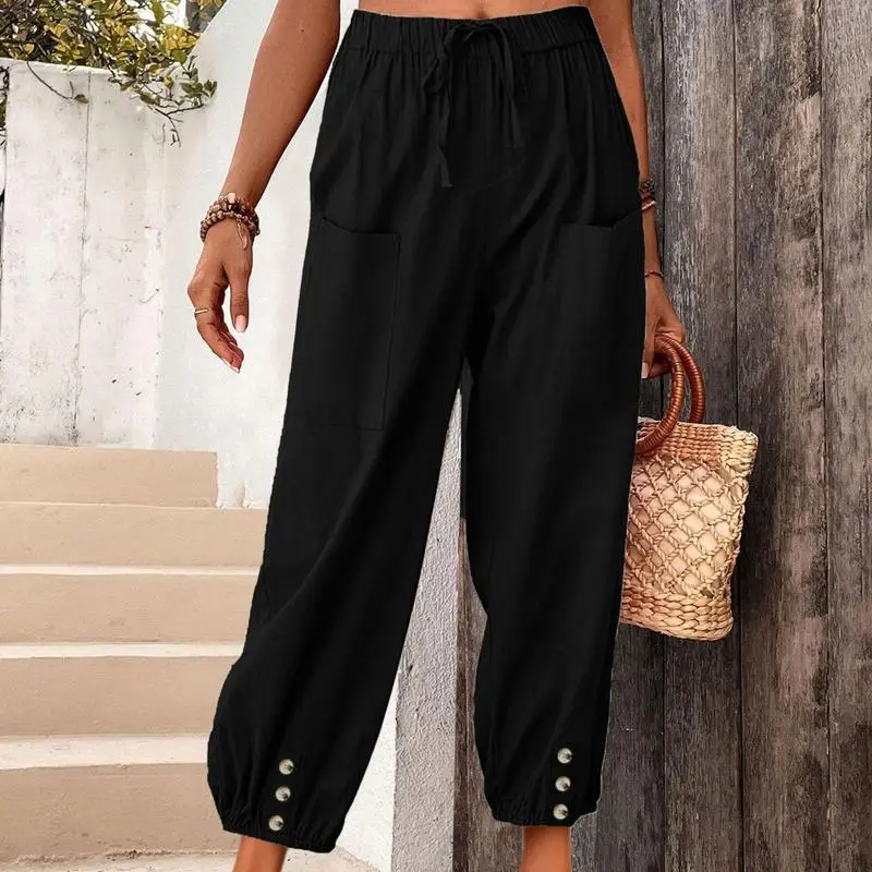 

Брюки женские с завышенной талией и широкими штанинами, повседневные хлопковые льняные штаны, повседневные свободные капри для йоги с эластичным поясом, на лето