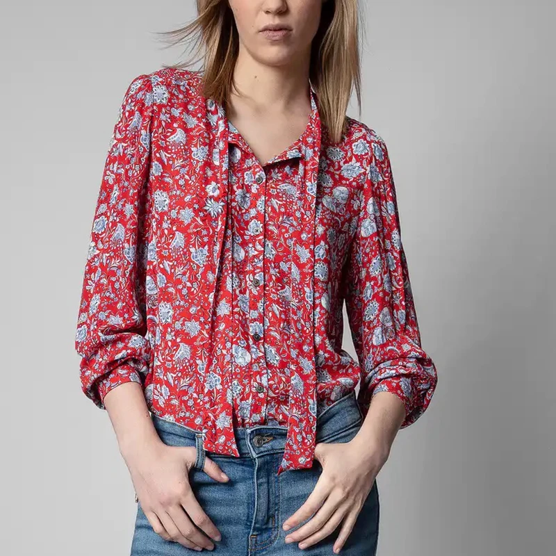 

100% silk shirt 2022 new style white printing collar lace up V-neck long sleeve red shirt small stand collar casual top