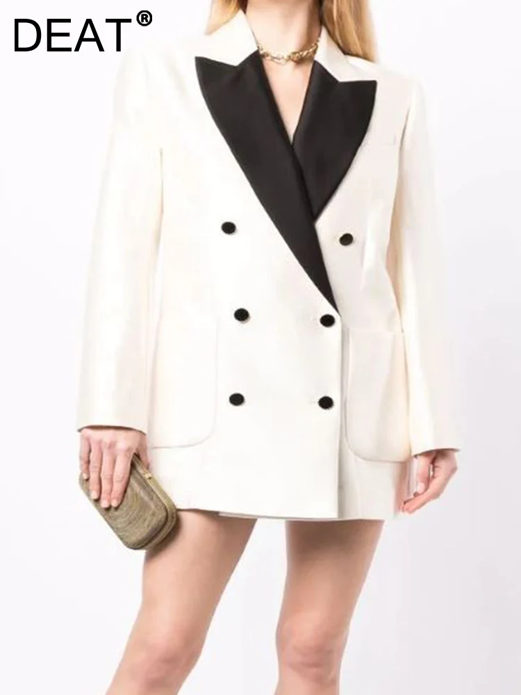 

DEAT Fashion Women Blazer Slim Notched Collar Waist Three Quarter Contrasting Colors Beige Suit Jackets Autumn 2023 New 17A8998