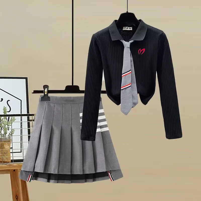 2023 spring and summer new polo sweater top+pleated skirt short skirt suit women's high waist slim A-line skirt golf skirt suit