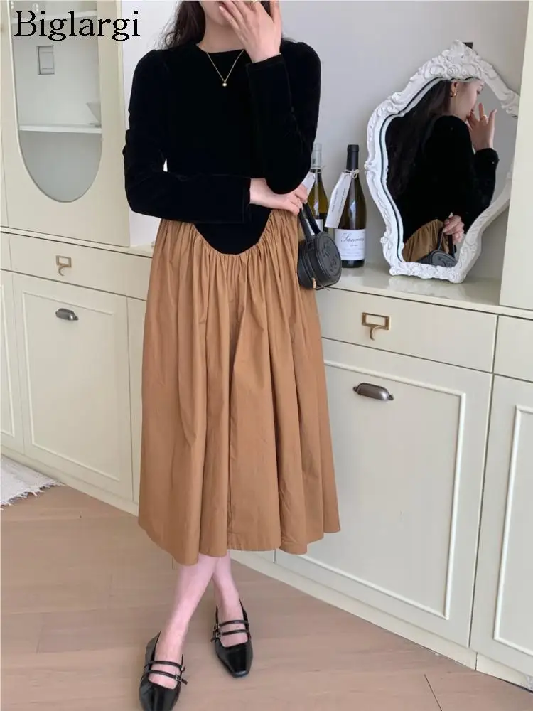 

Autumn Midi Dress Women Vintage Velvet Patchwork Ruffle Pleated Ladies Dresses Korean Fashion Casual Loose Woman Dress 2023