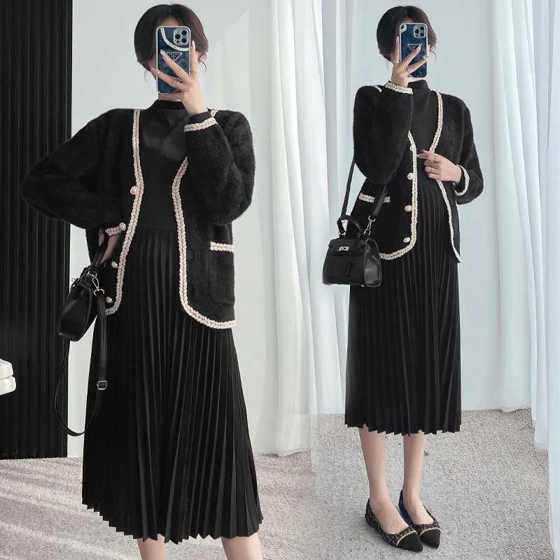 

327# Autumn Winter Korean Fashion Maternity Long Sleeve Dress Cardigan Jackets Coats Set Clothes for Pregnant Women Pregnancy