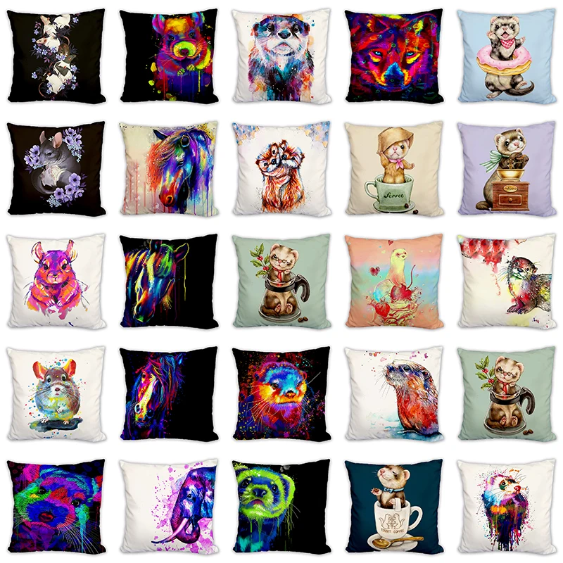 

Colorful Ferret Cushion Cover Linen Pillow Case 45Cmx45Cm Square Office Home Decorative Pillows Cover Cojines Soft Plush Pillows
