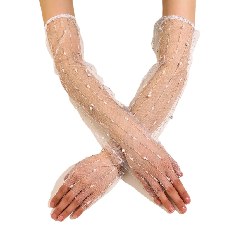 

Sexy Elastic Mesh Gloves with Pearl Decor Bungee Stage Performance Hollow Fishnet Wedding Party Bridal Long Gloves