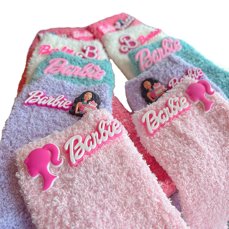 

Милые осенне-зимние утепленные коралловые бархатные хлопковые носки Барби для девочек с красивым мультяшным принтом плюшевые домашние носки средней длины