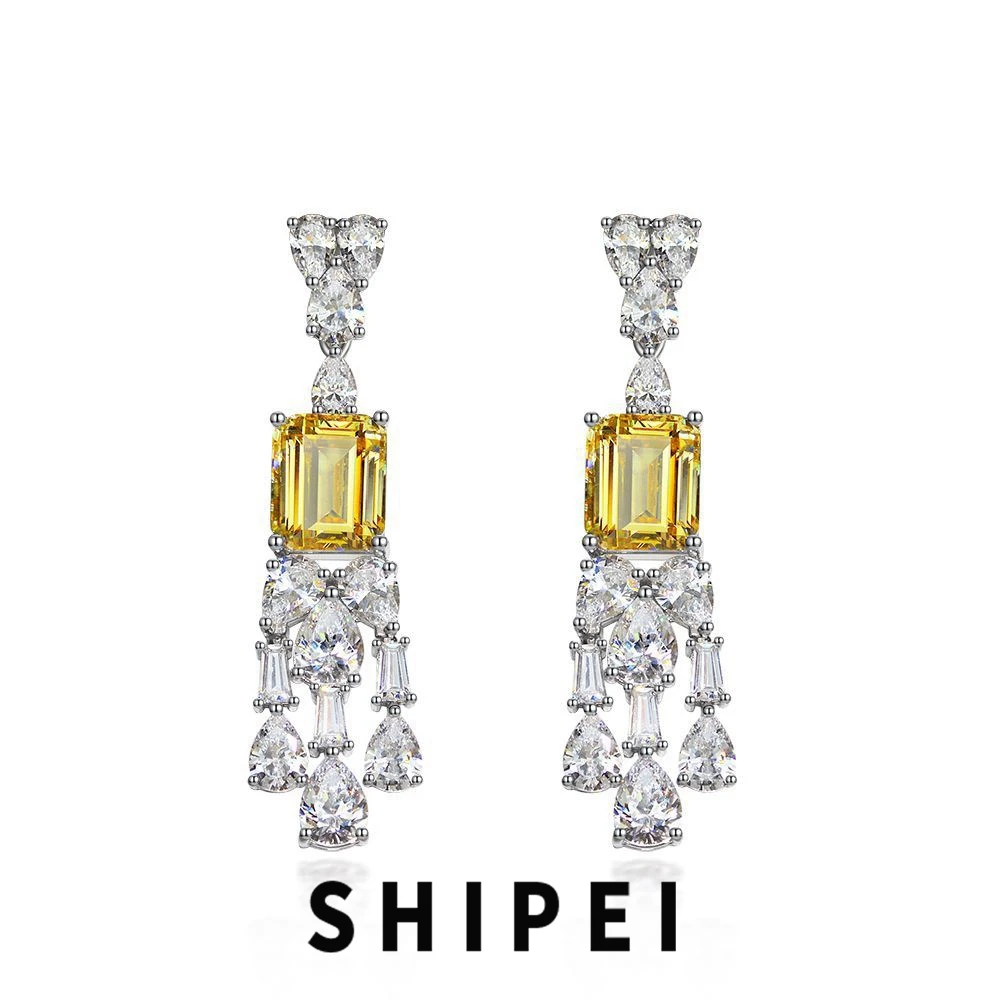 

SHIPEI 925 Sterling Silver Emerald Cut 6 CT Citrine White Sapphire Gemstone Tassels Dangle Earrings Wedding Engagement Jewelry