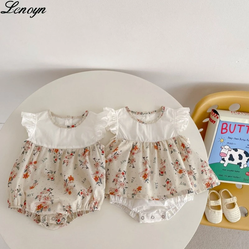 

Lenoyn Spring Baby Girls sisters Toddler Baby Bodysuit Princess Children Girls Short Sleeve Print Dress Dress