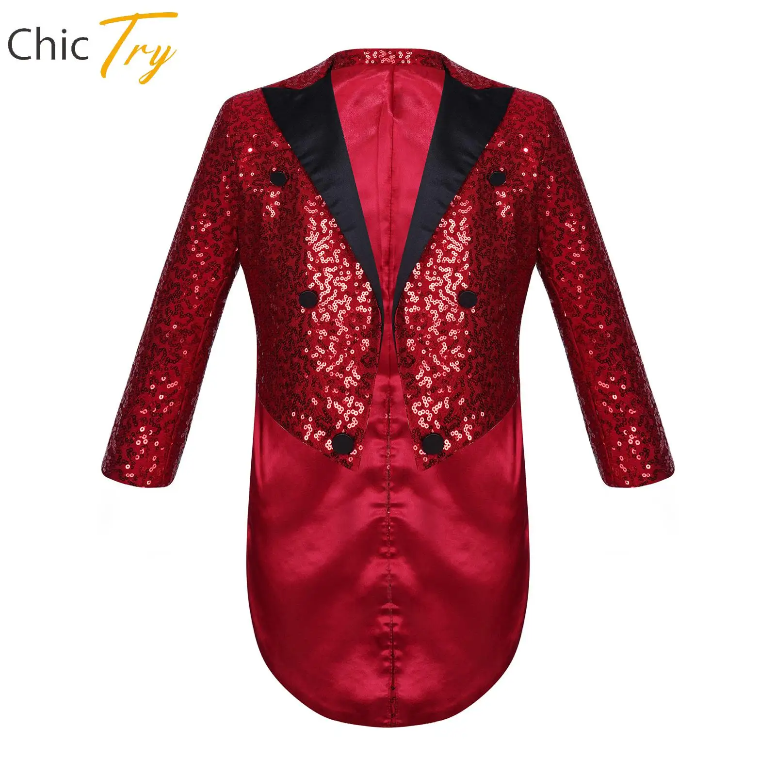 Kids Boys Sequin Tailcoat Jacket Long Sleeve Blazer Tuxedo Coat Magic Circus Performance Cosplay Fancy Dress Gentleman Suit