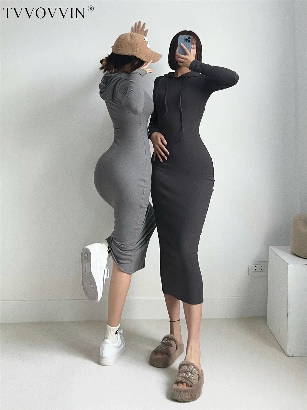 

Вязаное платье TVVOVVIN Spice Girl с капюшоном женское тонкое эластичное базовое платье с запахом на бедрах Спайс длинное вязаное платье для девушки HNE6