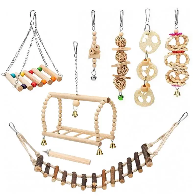 

Wooden Bird Toy Set 8-piece Natural Bird Toys Cage Swing Toys Suspending Climbing Wooden Bird Cage Chewing Toys For Conure Love