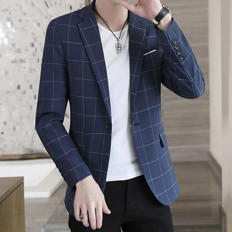 

Мужской клетчатый пиджак, однобортный повседневный деловой приталенный Блейзер серого, черного, темно-синего цвета, 2023