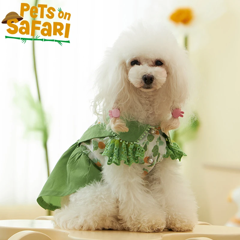 

Cat Clothes Puppy Princess Dress Summer Green Printing Dresses Puff Sleeve Kitten Lace Clothing Supplies
