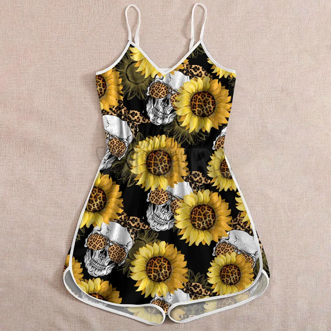YX GIRL Skull And Sunflowers Rompers  3D All Over Printed Rompers Summer Women's Bohemia Clothes