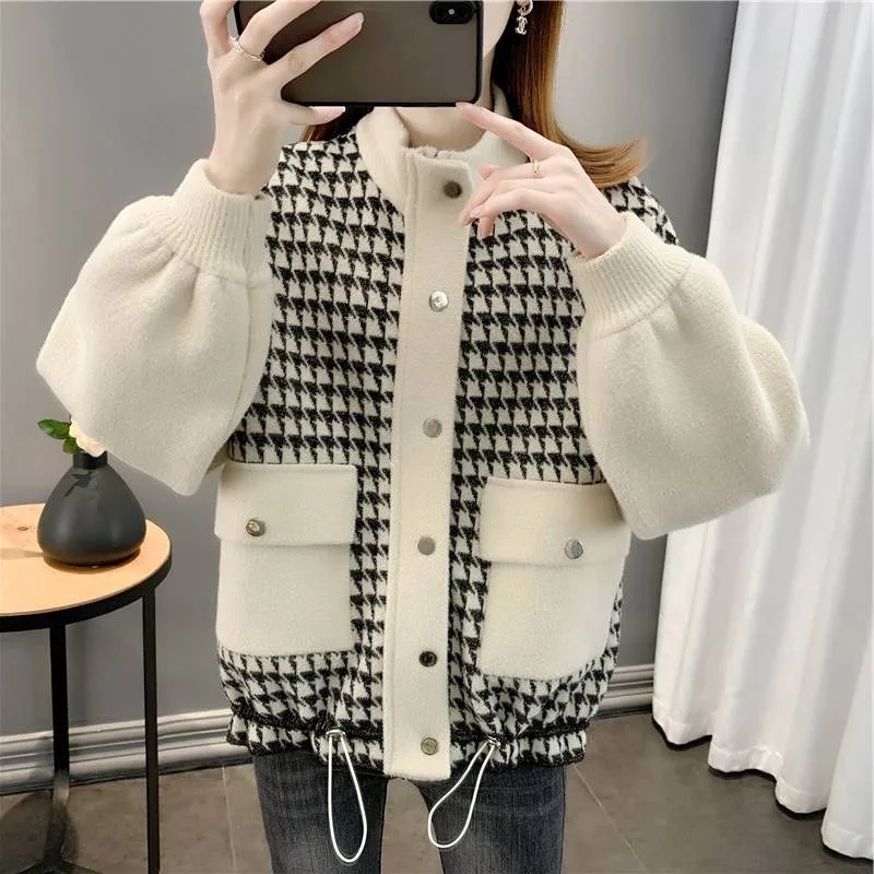 

2023Casual tweed coat,Short coat for women in autumn , loose fitting thousand bird plaid double-sided knitted cardigan, fashiona