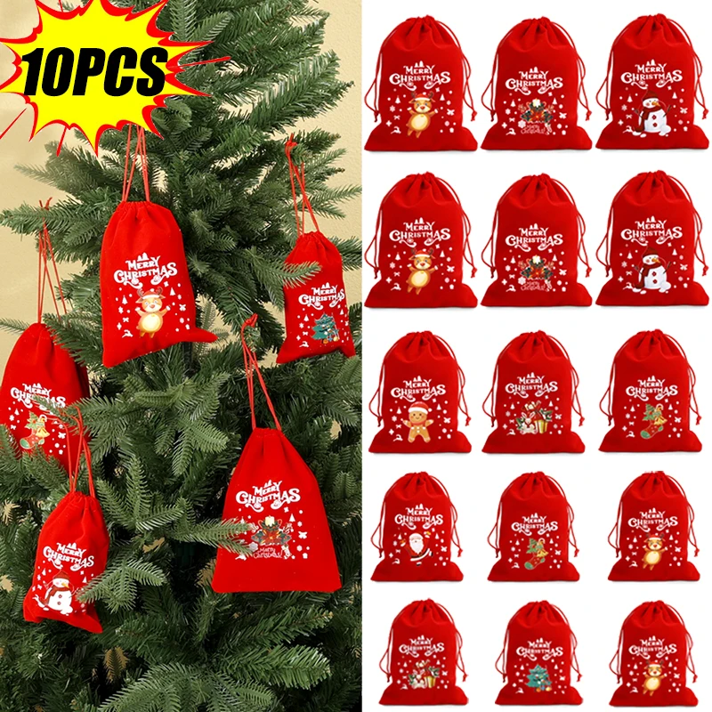 

1/10pcs Christmas Velvet Bags Drawstring Candy Biscuits Pouch Red Bracelet Jewelry Packaging Bags Merry Christmas Storage Bags