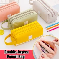 double layers 1pc boys girls students school solid color zipper colorful pen oxford cloth pencil case pencil bag cosmetic pouch