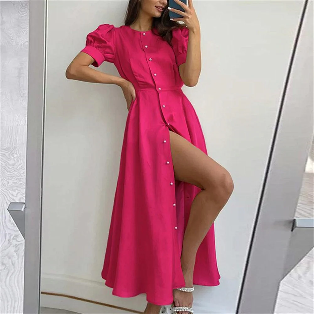 

2023 New Summer Single-Breasted Long Dress Solid Color O-Neck High-Waisted Casual Dress