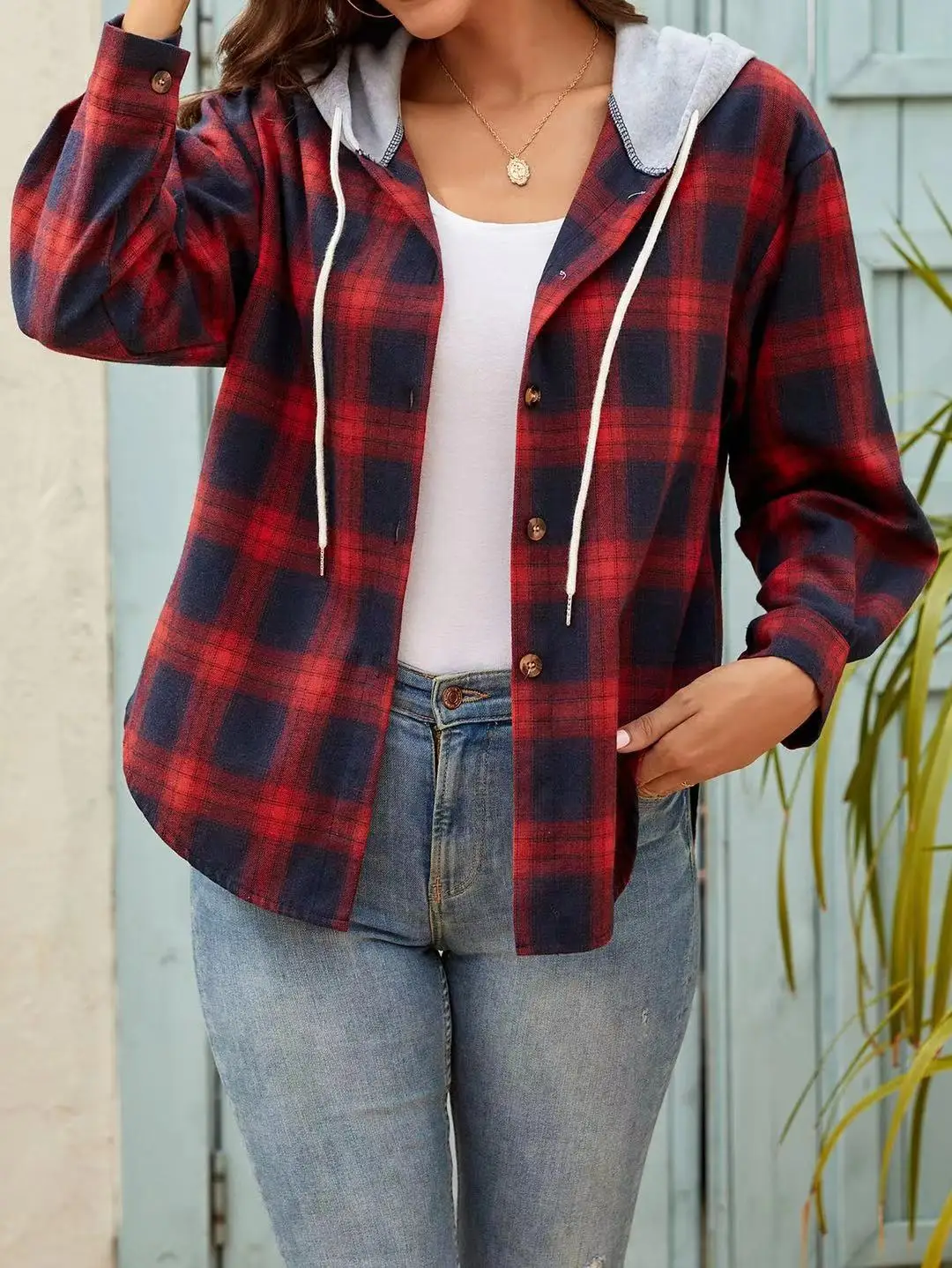 

Multi-Breasted Access Pair Check Print Hooded White Hat Rope Shir