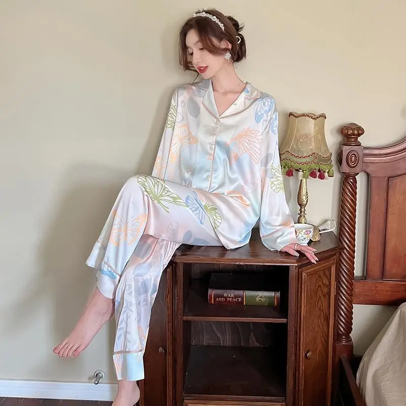 New pajamas women's long-sleeved trousers personalized printing silk wholesale pajamas for women