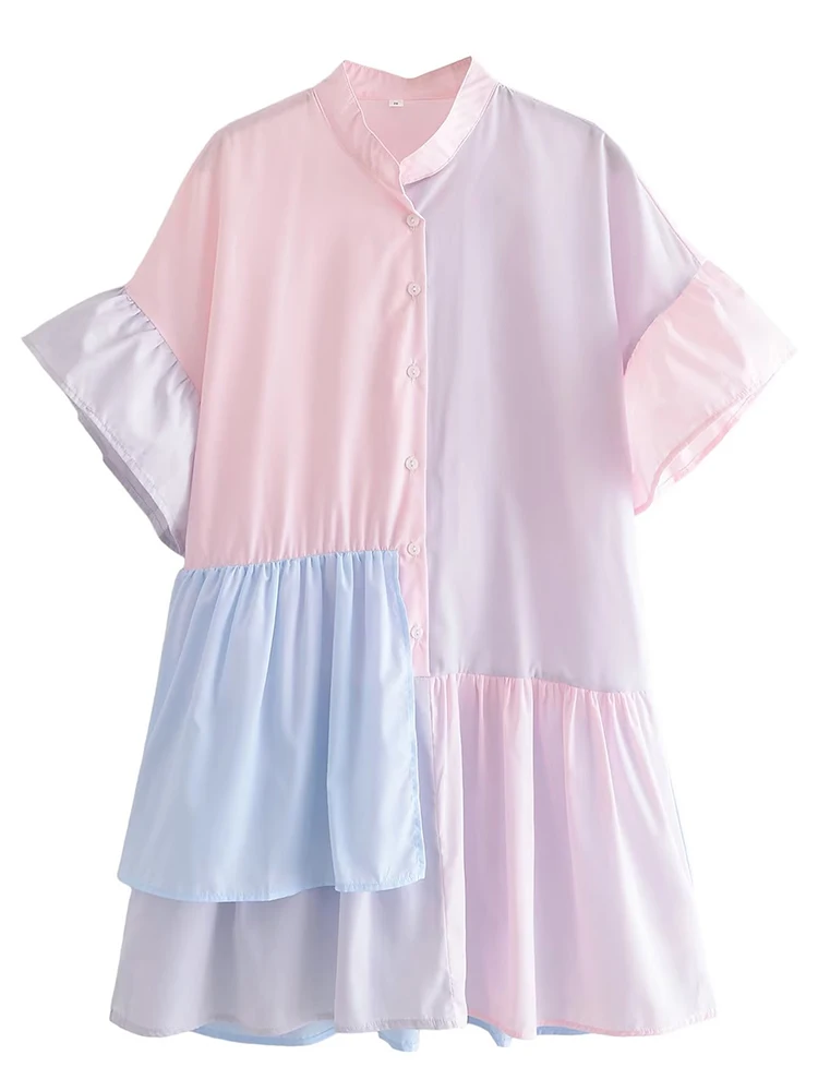 

2023 Women Vintage Patchwork Casual Loose Shirt Dresses Summer Short Vestidos