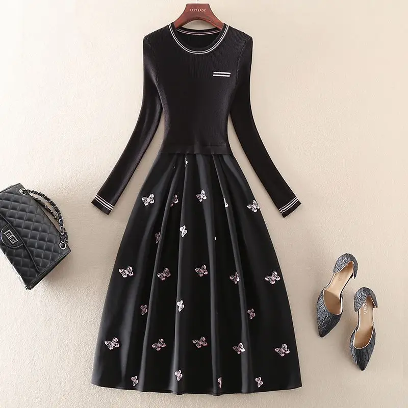 

Women A-line Knitted Dress Lady Elegant Female Sweater Long Robe Autumn Fashion Tunic Slim Knit Round Neck Vestido Dress V1