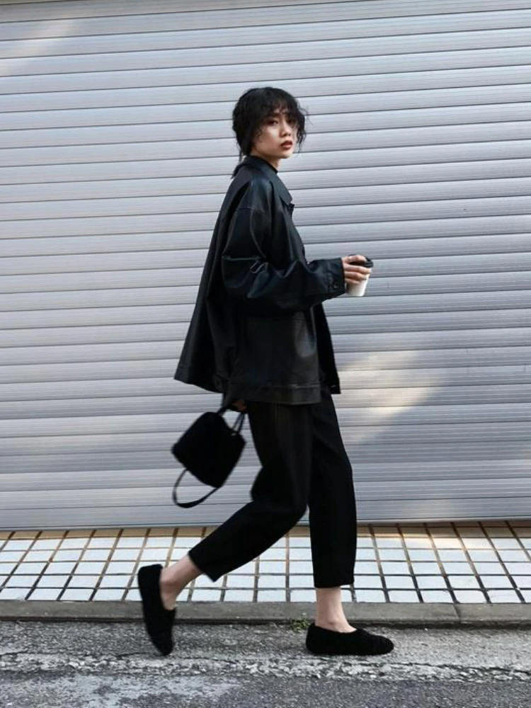 Winter Black Leather Jacket Women 2022 Autumn Korean Loose Thin Moto Jacket Female Fashion Streetwear Lady Outerwear Biker Coats