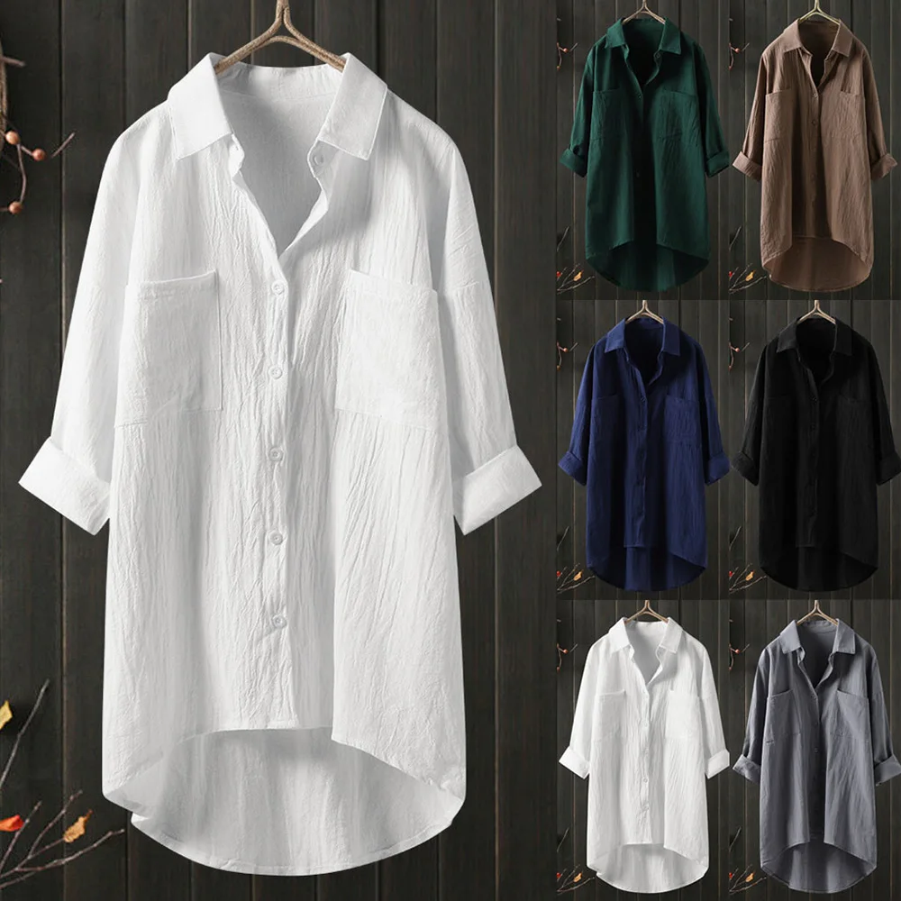 

2023 Autumn New Women Clothing Solid Color Cotton And Linen Casual Loose Double Pocket Top Irregular Long-Sleeved Shirt