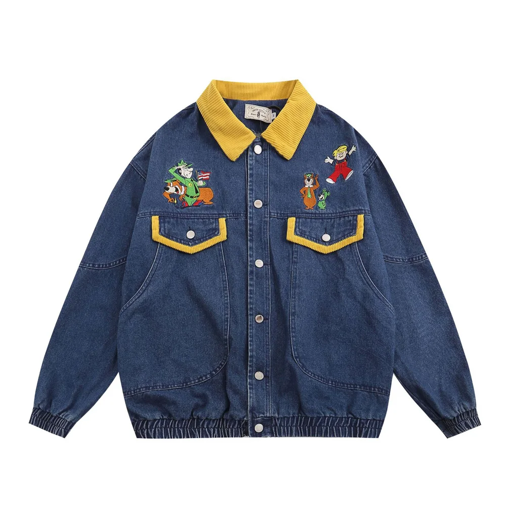 

Cartoon Embroidery Denim Splice Collar Jacket Men and Women Streetwear Fashion Loose Casual Vintage Denim Bomber Coat BF Jacket