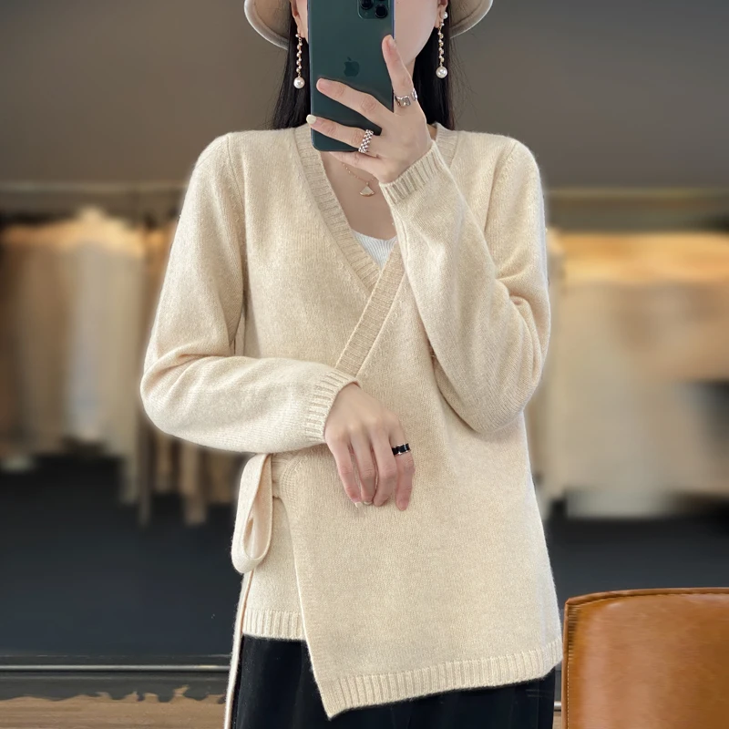 

Женский кардиган с поясом и V-образным вырезом, вязаный свитер из 100%-ной шерсти, Мягкая универсальная Свободная кофта в Корейском стиле для ранней весны