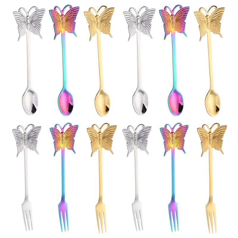 

T5EB 6pcs Stainless Steel Butterfly Coffee Spoon Fork Soup Sugar Dessert Teaspoons