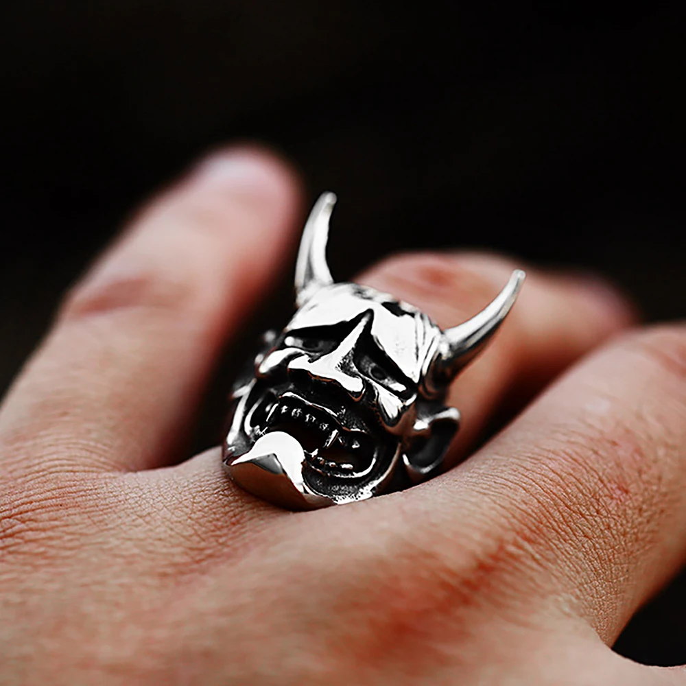 

Gothic Japanese Prajina Ghost Mask Ring Men Punk Hip Hop Stainless Steel Demon Stainless Steel Skull Ring Fashion Jewelry Gifts