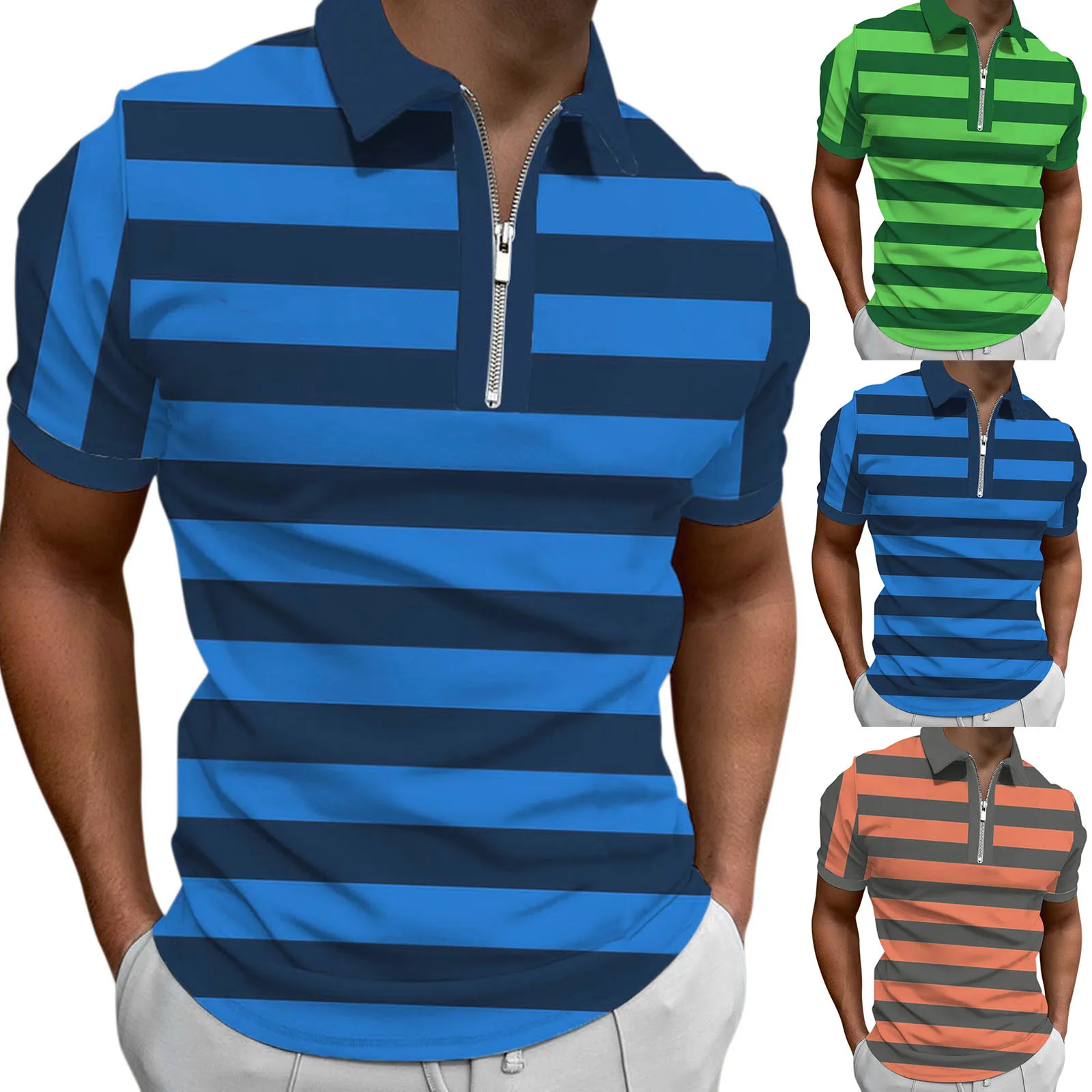 

Male Casual Stripe Print Zipper Turn Down Collar Blouse Short Sleeve Tops Shirt Streetwear Summer Top Male Camisas Hombre 2022