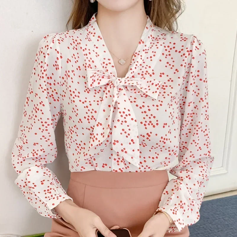 Новая женская рубашка с длинным рукавом модная шифоновая блузка в горошек бантом