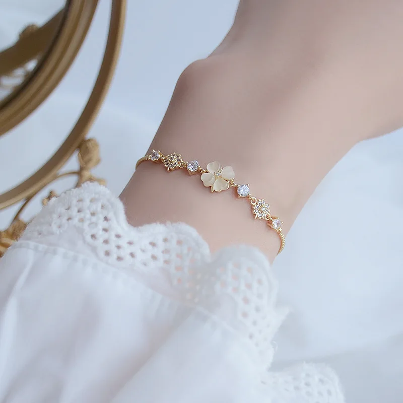 

Женский браслет с опалом и фианитом, элегантный браслет с подвеской из натурального золота 14 к