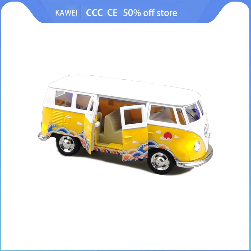 

1/30 Volkswagen T1 Bus Model Alloy Diecast Toy VW Chinese Style Buses Toys For Children With Light Pull Back 3 Doors Opend