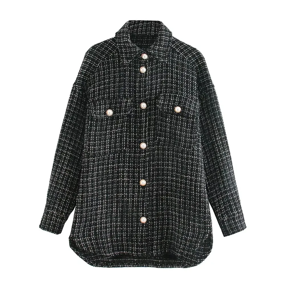 

Fashion Women Oversized Faux Pearl Buttons Jacket Vintage Coat Long Sleeve Pockets Female Outerwear Chic Tops