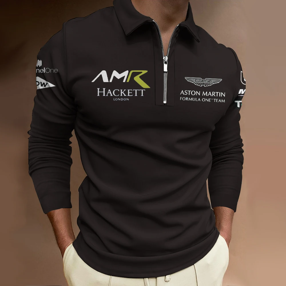 

2023 Hot F1 Formula 1 Aston Martin Black White Men's Polo Shirt Long Sleeve Racing Outdoor Sports Breathable Top