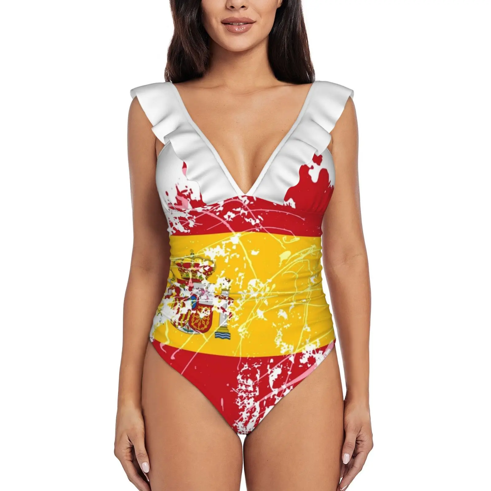 

Монокини с испанским флагом, новый слитный купальник с оборками, женский сексуальный купальник, женский купальный костюм с принтом, флаг Ис...