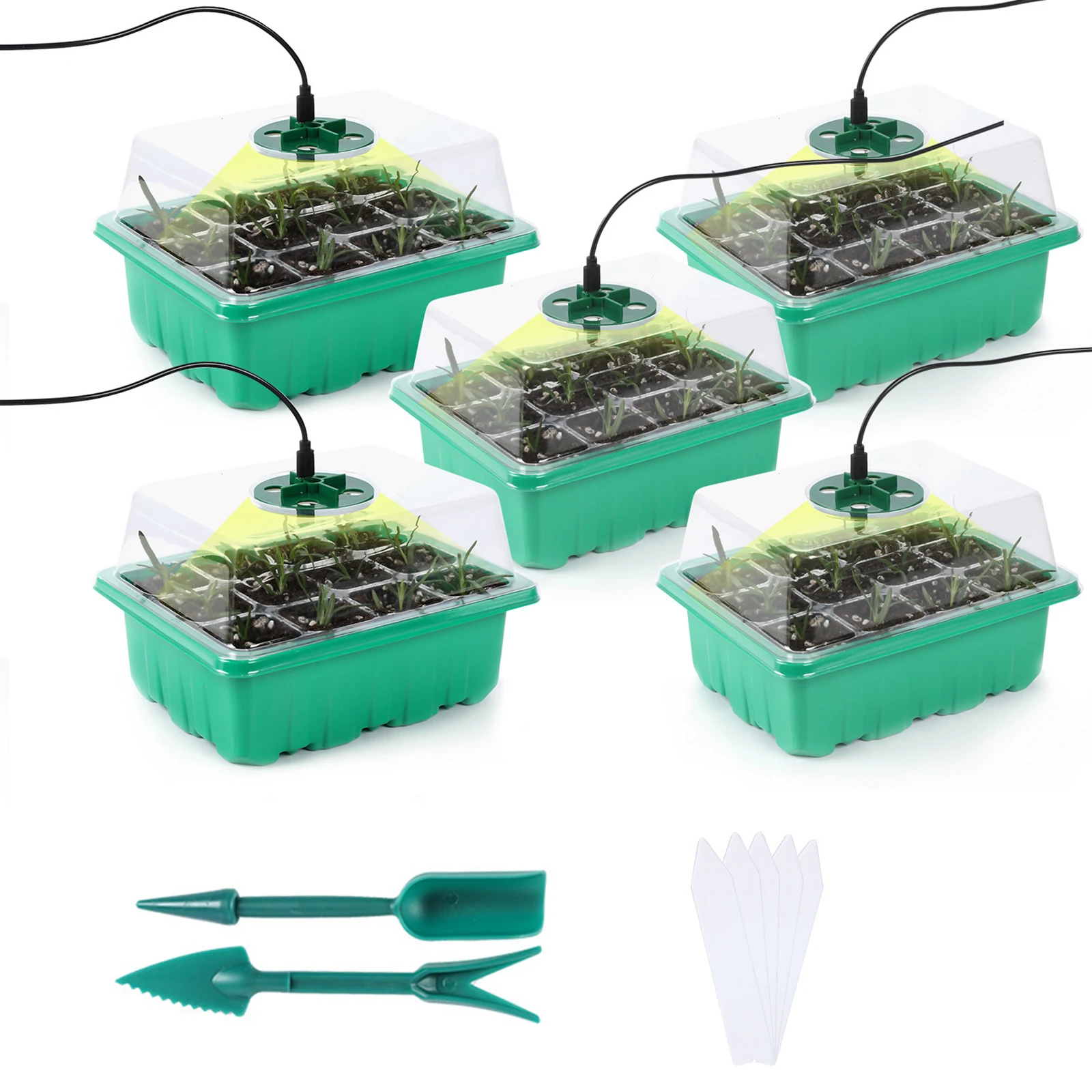 

5Sets Plant Growth Trays Set With Grow Light Humidity Vented Domes Reusable Thickened Nursery Pot Seedling Box Garden Plant Care