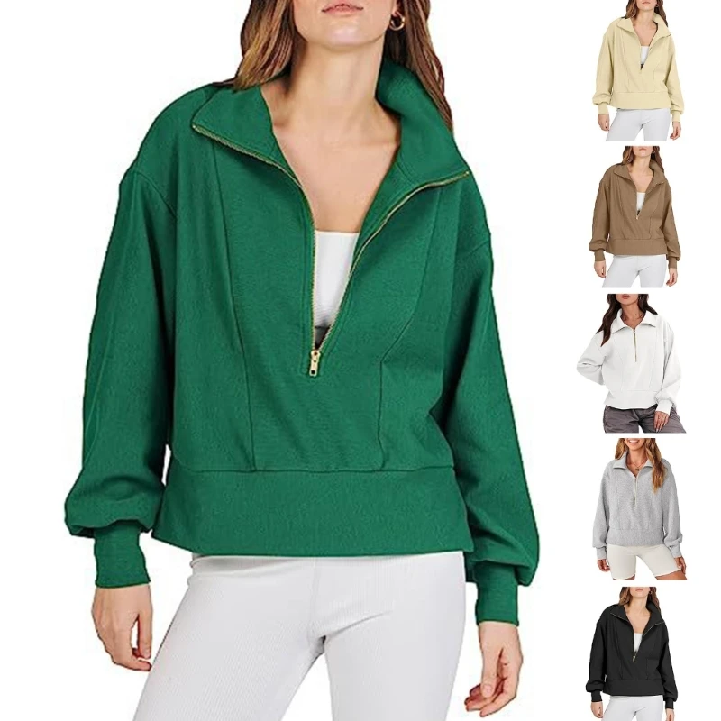 

2023 Fall Clothes Long Sleeve Pullover Tops Women's Fashion Cropped Sweatshirt with Half Closure