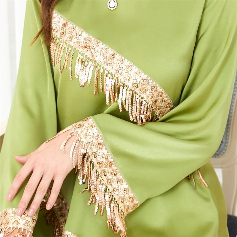 Luxury Elegant Dress Women Evening Party Gown Sequins Tassel Abaya Muslim Moroccan Caftan Jalabiya Islamic Vestidos Holiday Robe