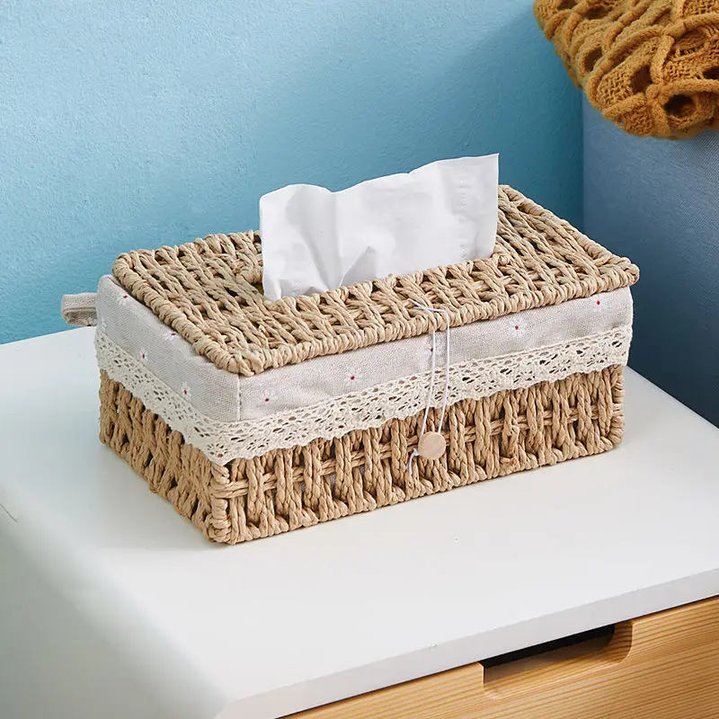 

Handmade Straw Weaving Tissue Boxes Creative Square Napkin Holder with Cover Tissue Rack Simple Storage Box for Desktop Items