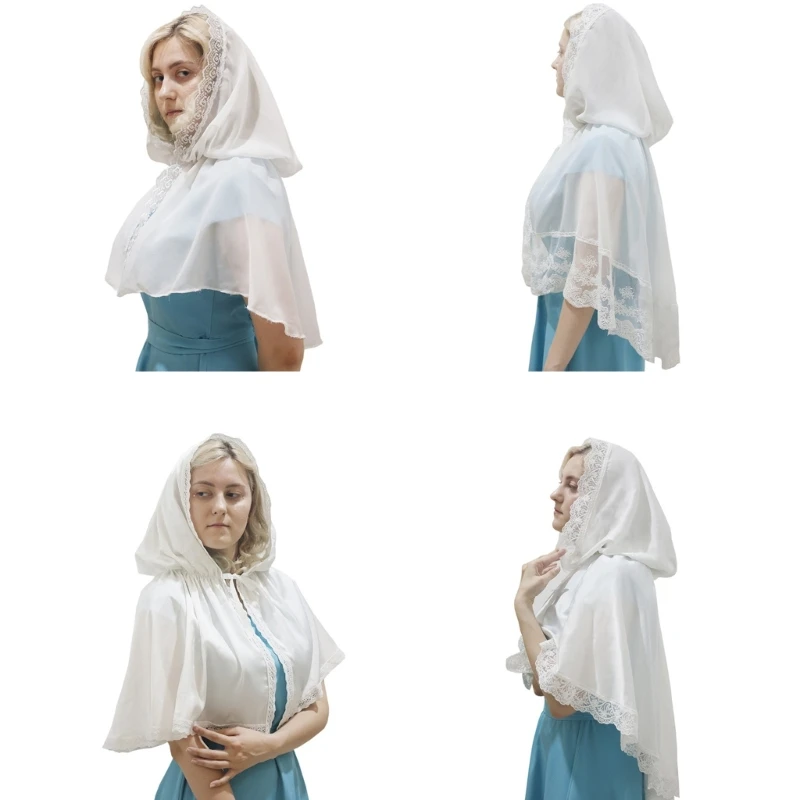 

Lace Shawls Lace Chapel Veil, White Hooded Cloak Wrap Lady Mantilla Princess Costume Photography Hoodie for Masquerade Dropship