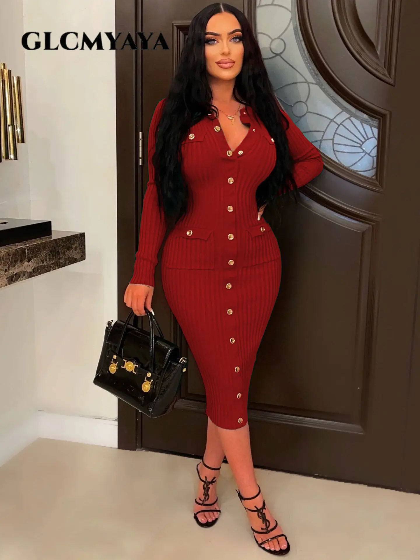 

GLCMYAYA Vintage Women Knit Ribbed Long Sleeve Button Front Oversized Stretch Sweater Bodycon Midi Dress Fashion INS Dresses