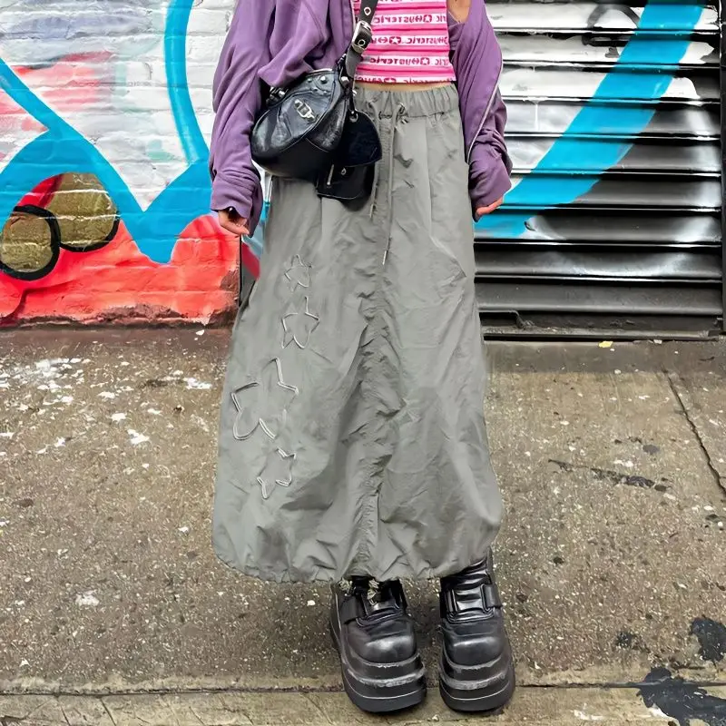 

American High Street Ankle-Length Skirts Slim Waist Star Y2k Lace-up A-line Women Cargo Skirt Safari Style Shirring Harajuku