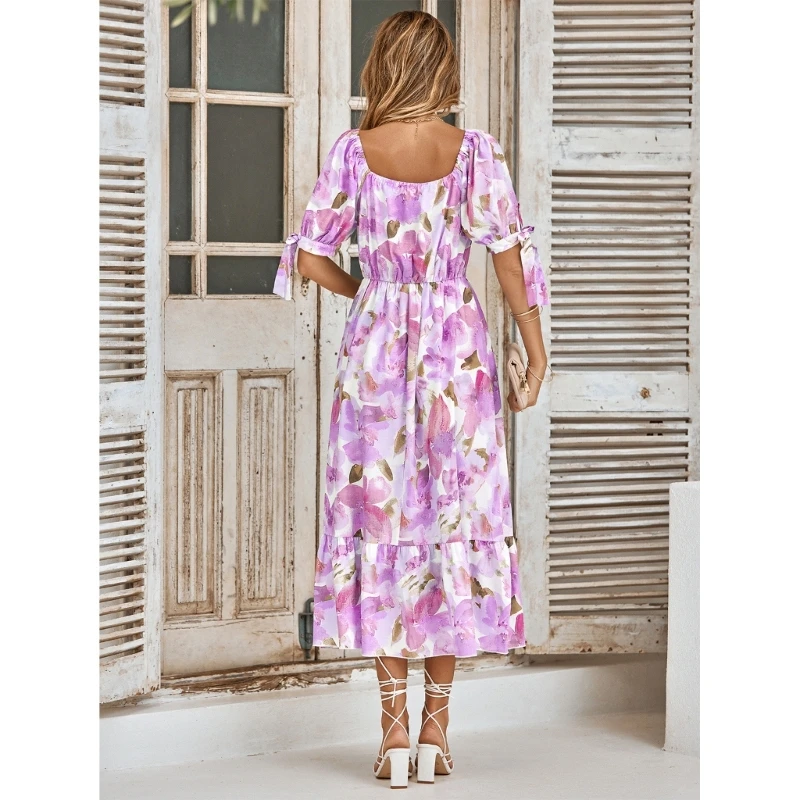 

Женское длинное платье-миди с V-образным вырезом и воланом